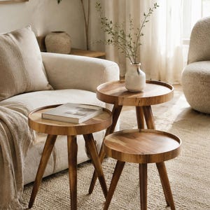 Peut inclure: Un ensemble de trois tables gigognes rondes en bois avec des surfaces lisses et des pieds fuselés. Les tables présentent une finition en grain de bois naturel et des bords surélevés. Une table porte un petit vase en céramique avec des tiges vertes.