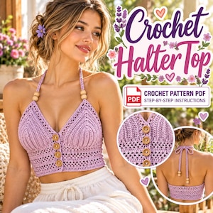 May include: A lavender crochet halter top featuring a V-neckline, four wooden buttons down the center, and two wooden beads on the neck straps. The text reads Crochet Halter Top and Crochet Pattern PDF Step-by-Step Instructions.