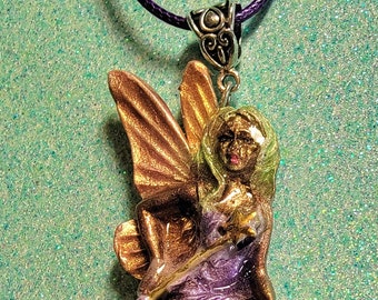 Fairy with Golden Star Tipped Wand Pendant Necklace Polymer Clay Art Jewelry