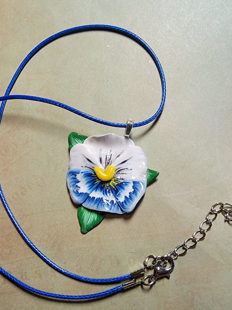 Blue and White Pansy Flower Pendant Necklace Polymer Clay Etsy