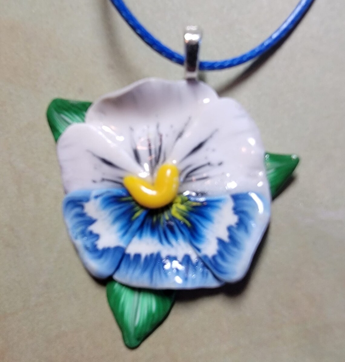 Blue and White Pansy Flower Pendant Necklace Polymer Clay Etsy