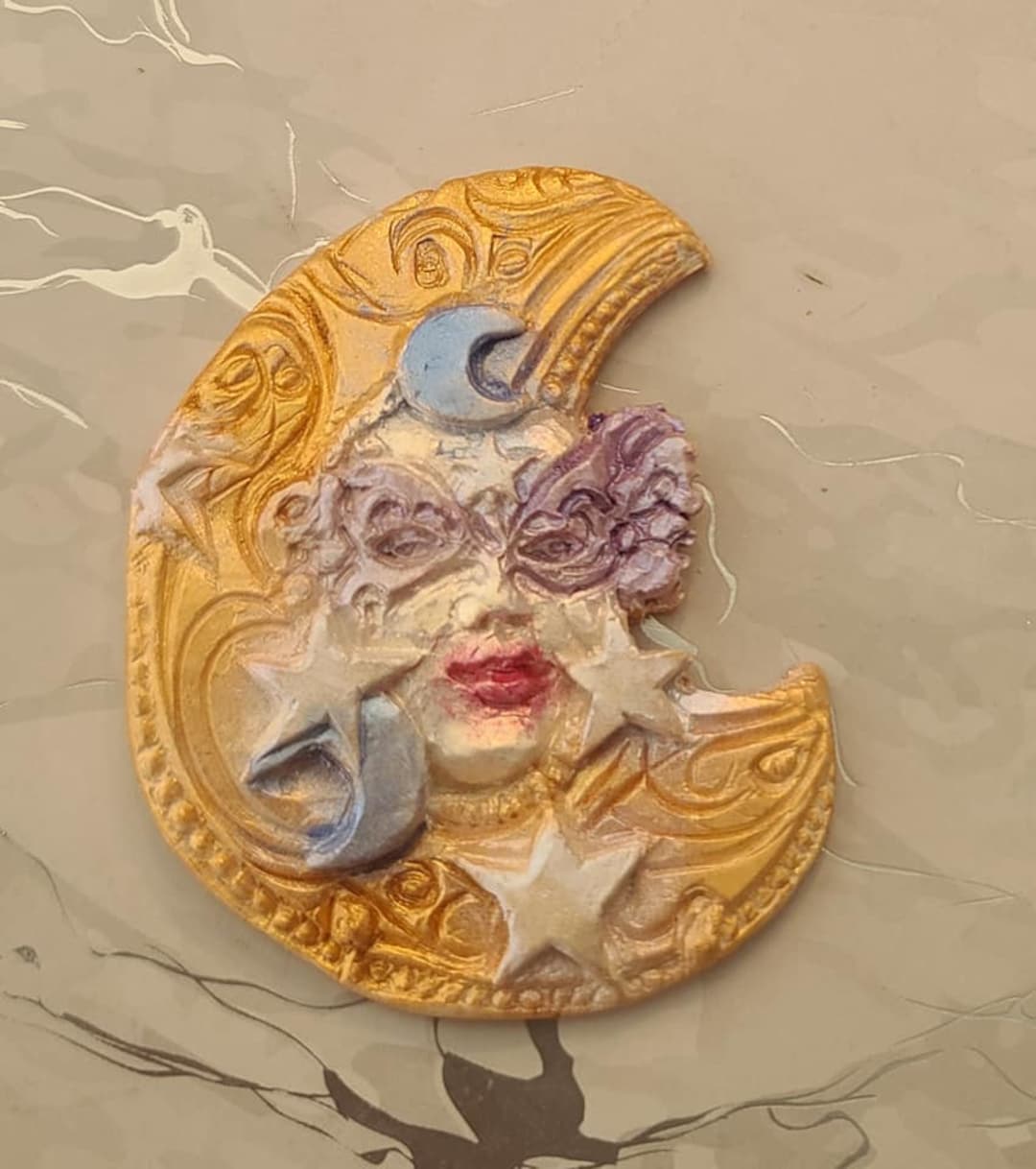 Moon and Stars Goddess Masked Face Polymer Clay Pendant - Etsy