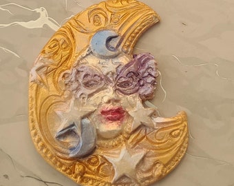 Moon and Stars Goddess Masked Face Polymer Clay Pendant