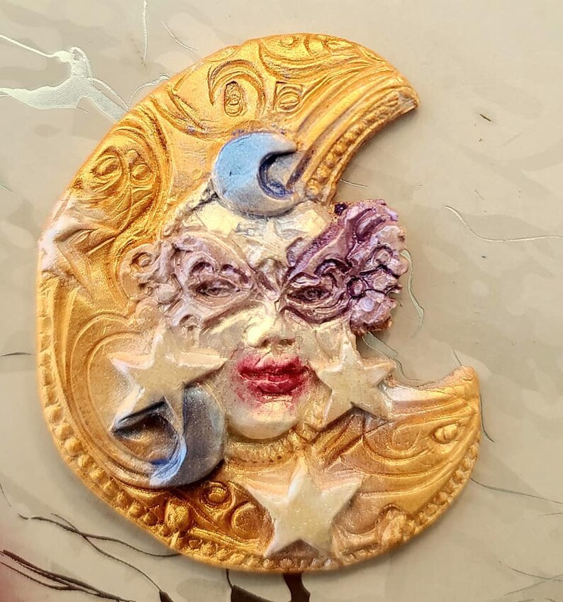 Moon and Stars Goddess Masked Face Polymer Clay Pendant - Etsy