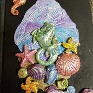 Mythical Hippocampus Seashell Treasure Journal Sketchbook Diary Affirmation Empowerment Compendium Polymer Mica Fairy Dust