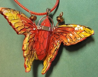 Monarch Butterfly Chakra Stone Pendant Necklace Polymer Clay Art Jewelry