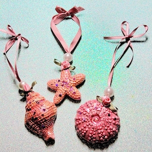 Shabby Chic Roses Ribbons Polymer Clay Set of 3 Seashell Ornaments