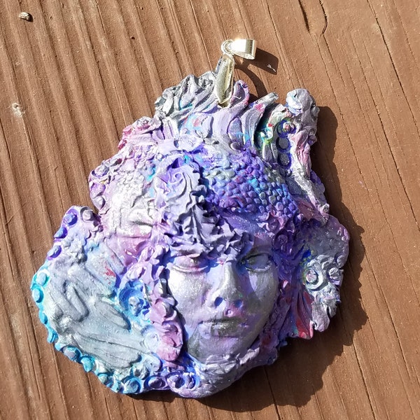 Blue Fairy Goddess Face or Spirit Doll Clay Face Statement Pendant OOAK Artisan Created Polymer Clay Jewelry Art Deco