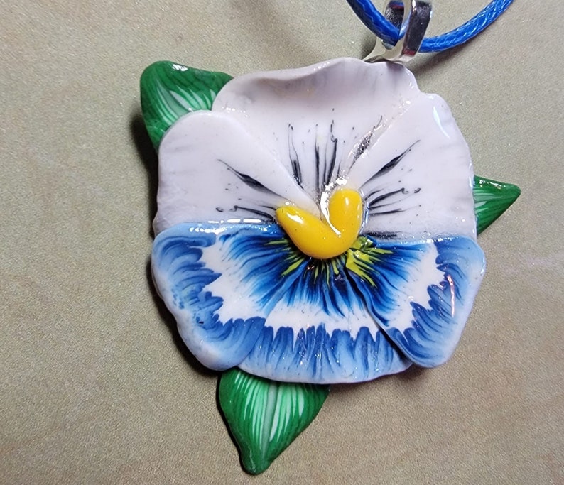 Blue and White Pansy Flower Pendant Necklace Polymer Clay Etsy
