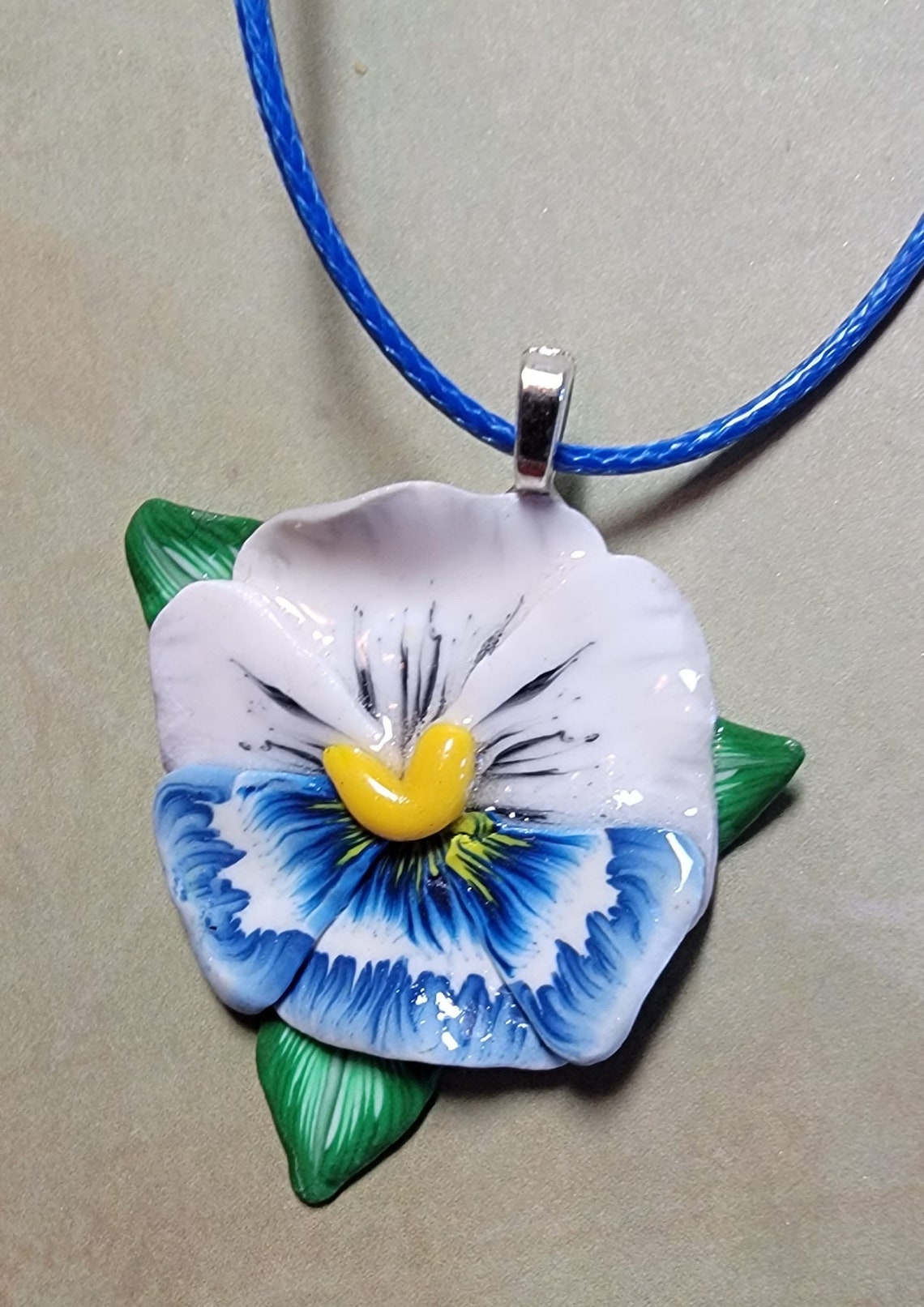 Blue and White Pansy Flower Pendant Necklace Polymer Clay Etsy