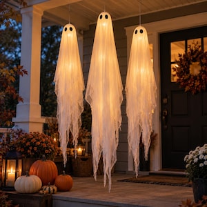 3 Piece Lighted Hanging Ghost Set, Halloween Gauze Ghost Decor, Warm Glow Porch Decorations for Halloween Lovers