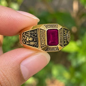 May include: A gold-toned class ring featuring a rectangular red stone in the center. The ring is engraved with the words SINCERITY, DISCIPLINE, EXCELLENCE, and UNIVERSITY OF MSW, along with the year 2014 and detailed relief imagery on the sides.