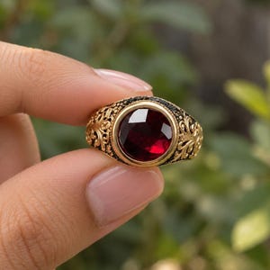 3 CT Oval Cut Ruby Ring, Black Gemstone Accent Ring, Vintage Baroque Gold Ring, Gothic Statement Ring, Anniversary Gift for Him,