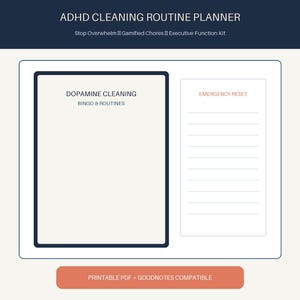 Könnte beinhalten: Eine digitale Vorlage für einen ADHS-Reinigungsplaner mit dem Text ADHD CLEANING ROUTINE PLANNER, Stop Overwhelm, Gamified Chores, Executive Function Kit, DOPAMINE CLEANING BINGO & ROUTINES, EMERGENCY RESET und PRINTABLE PDF + GOODNOTES COMPATIBLE.
