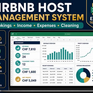 May include: An Airbnb host management system Excel template displayed on a laptop screen. The dashboard features revenue, bookings, cleaning tasks, and expenses with charts for revenue overview, profit overview, and an expense breakdown pie chart.