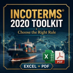 Könnte beinhalten: Eine digitale Toolkit-Grafik mit dem Titel INCOTERMS 2020 TOOLKIT Choose the Right Rule. Sie zeigt ein großes Frachtschiff vor einer dunkelblauen Weltkarte mit leuchtenden Verbindungslinien. Enthält grüne Excel- und rote PDF-Dateisymbole.