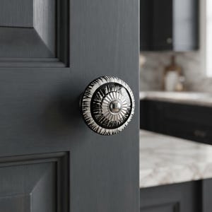Puede incluir: Un pomo de armario redondo con un patrón radial en blanco y negro y un centro de plata metálica. El pomo está montado en una puerta de panel gris oscuro, mostrando un acabado texturizado con segmentos claros y oscuros alternos.