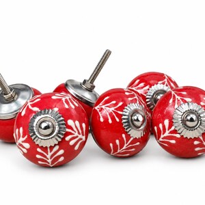 Red Ceramic Cabinet Knob with White Branch Design, Round Hand-Painted Drawer Knob