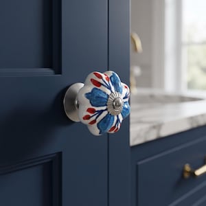 Puxador de armário em cerâmica com estampa floral azul e vermelha, puxador de gaveta branco com bordas onduladas e pintura à mão.