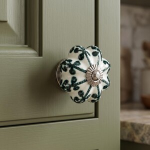 Handmade Ceramic Cabinet Knob, Scalloped Flower Shape, Black Floral Dot Pattern (5cm)