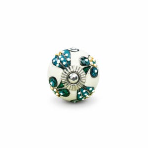 Teal Green Floral Ceramic Cabinet Knob, White Round Hand-Painted Drawer Knob