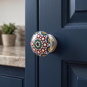 Tirador de cerámica geométrica marroquí para armario, tirador de cajón con mosaico de estrellas multicolor