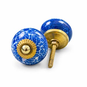 Blue Ceramic Cabinet Knob with White Floral Lace Design, Gold Hardware Round Drawer Knob