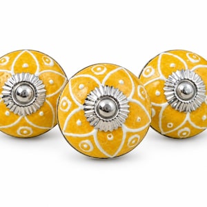 Mustard Yellow Ceramic Cabinet Knob with White Petal Design, Round Hand-Painted Drawer Knob