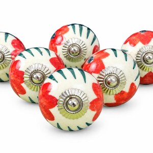 Red Poppy Floral Ceramic Cabinet Knob, Cream Round Hand-Painted Drawer Knob