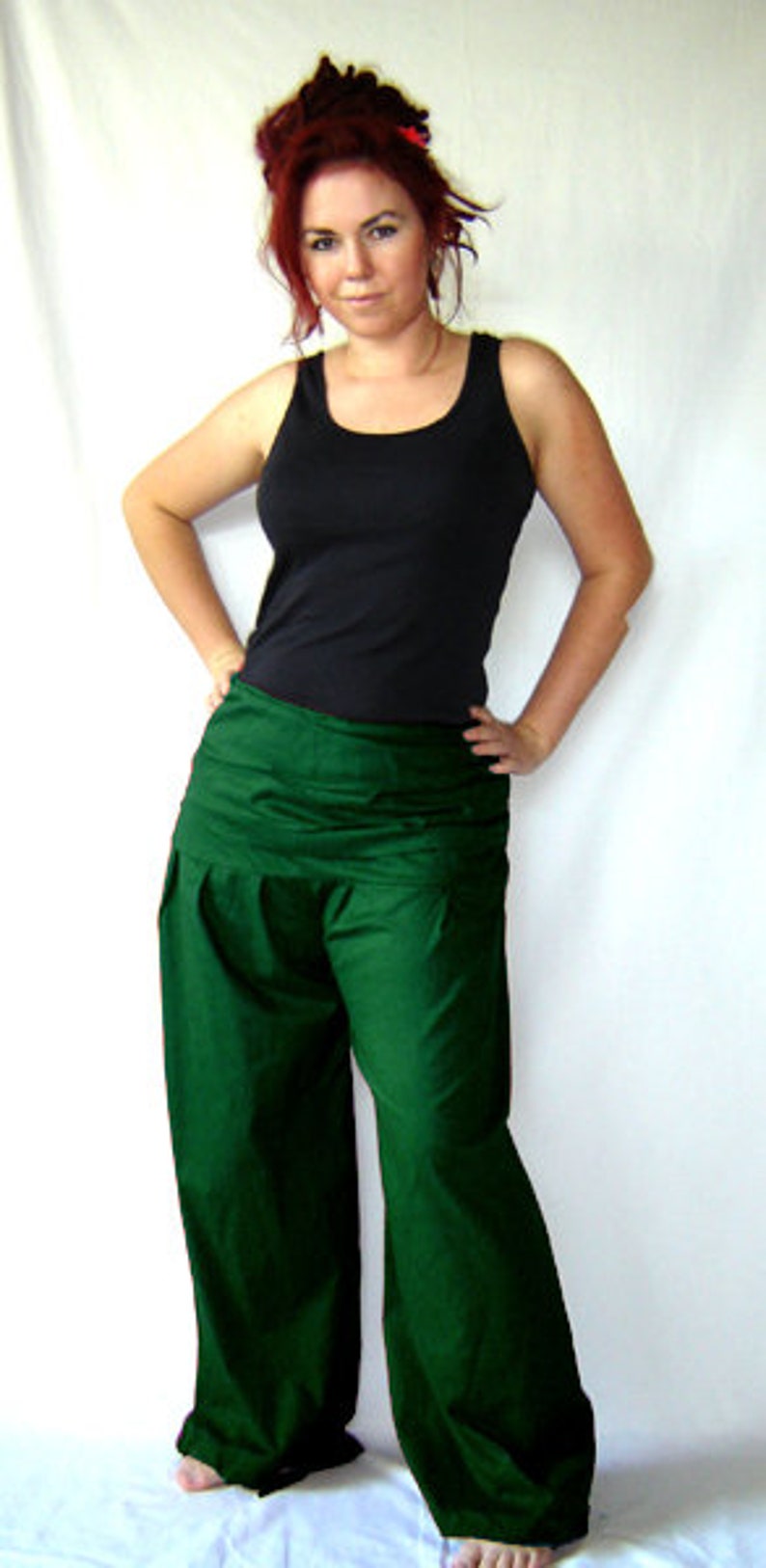 Pleated trousers wide waistband dark green green pants kissagato S M L XL image 2