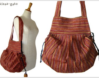 Balloon bag bag stripe red brown woven Kissagato Shopper Shoulder Bag