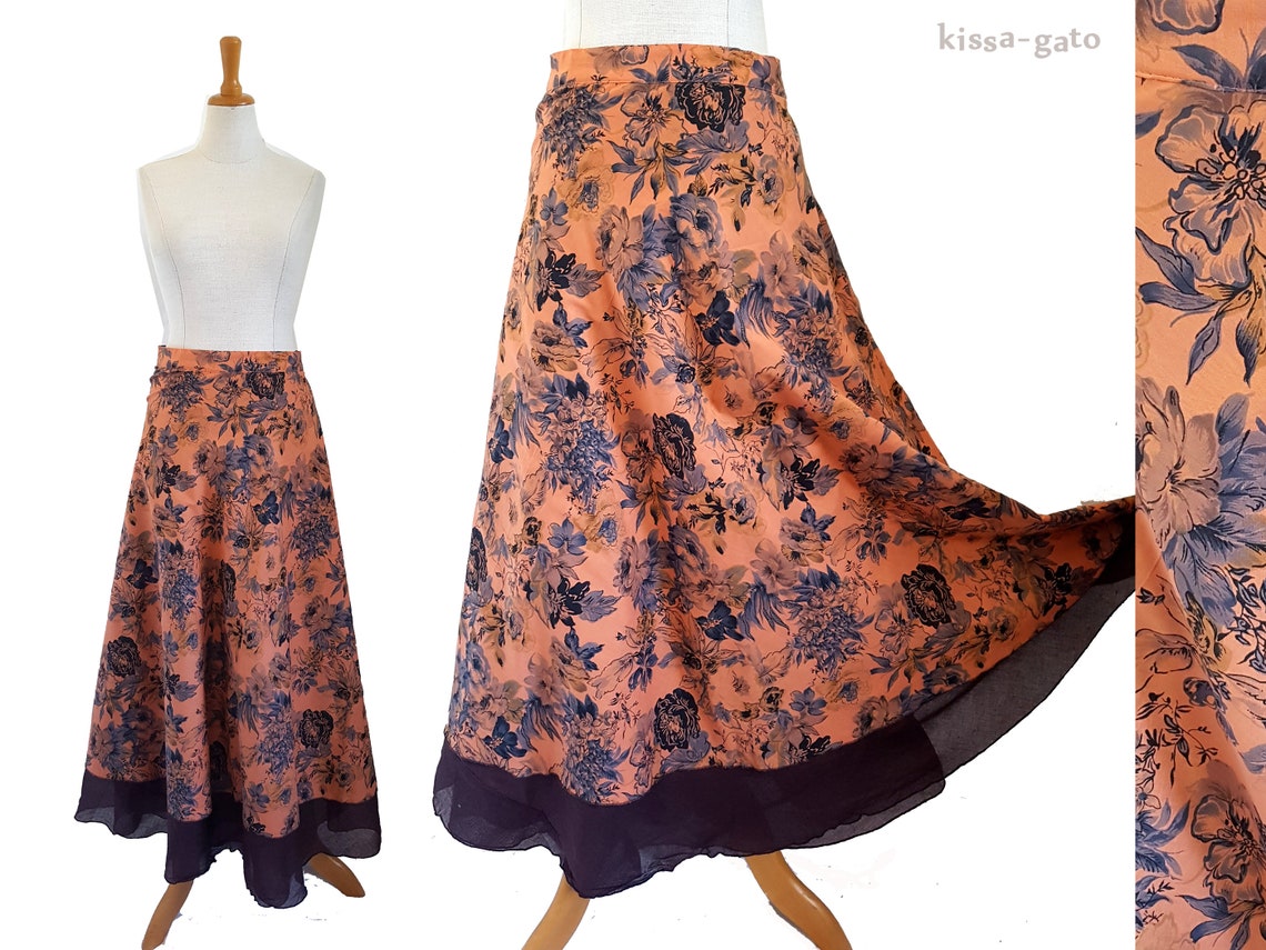 Wrap Skirt Plate Skirt Skirt Long Floral Salmon Apricot Kissagato