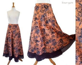 Wrap skirt plate skirt skirt long floral salmon apricot kissagato maxiskirt floor long wide