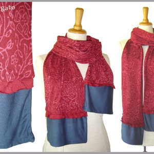 Scarf block print wine red dark red gray blue flower long kissagato