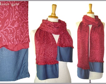 Scarf block print red dark red grey blue flower long Kissagato