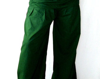 May include: A pair of dark green, wide-legged pants with a gathered waistband.