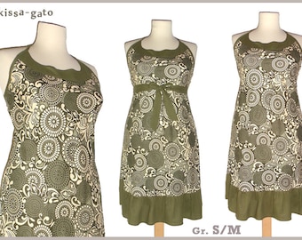 Dress LAICA neck holder olive green White nature tunic Kissa-gato summer dress knee length S M