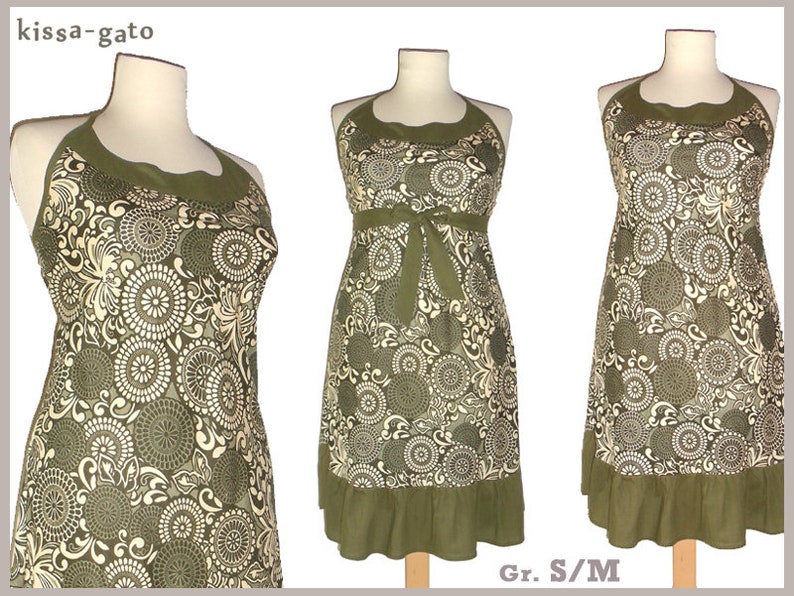 Dress LAICA neck holder olive green White nature tunic Kissa-gato summer dress knee length S M image 1