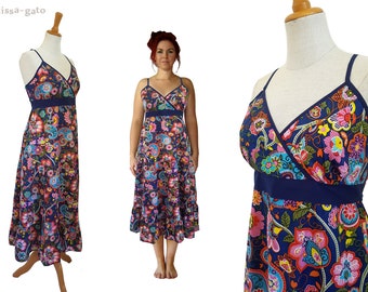 Baumwollkleid Kleid blau bunt halblang Sommerkleid Trägerkleid kissagato hippie boho lang S M L XL