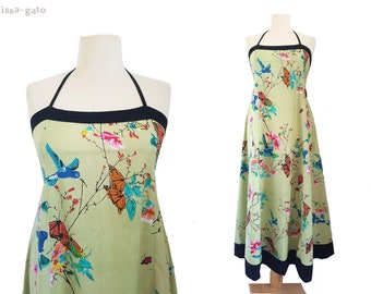 Cotton dress maxi dress halter dress long lind green hummingbird kissagato halterneck M L XL XXL summer dress