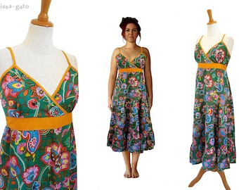 Robe de coton vert floral moutarde colorée jaune semi-long robe d’été robe robe kissagato hippie boho lang S M L XL