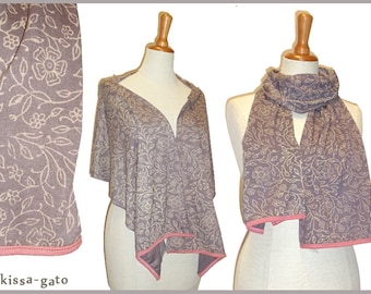 Châle Echarpe blockprint taupe gris foncé rose kissagato rose chiffon