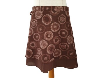 Wrap skirt, cotton skirt, crinkled brown, dark brown, knee-length, layered skirt, short, Kissagato mini skirt, circles