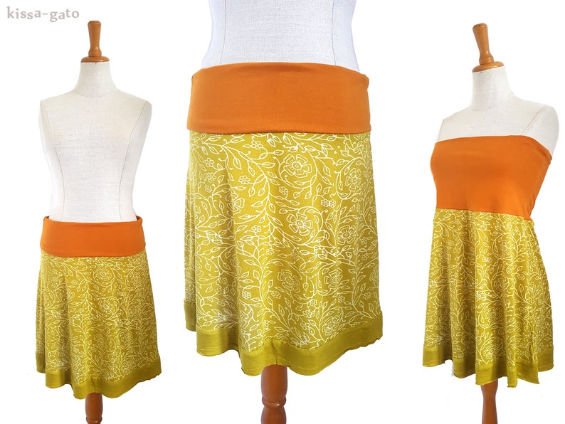 Viscose skirt skirt DOTTI mustard yellow olive orange kissagato stretch skirt top blockprint variable length S M L XL image 1