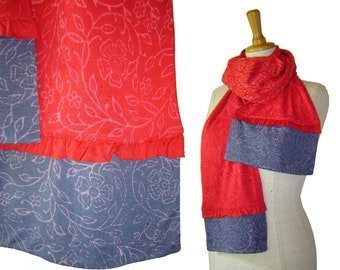 Scarf block print red bright red blue pink flower long Kissagato