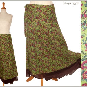 Wrap skirt plate skirt long green olive brown kissagato floor-length wide image 1