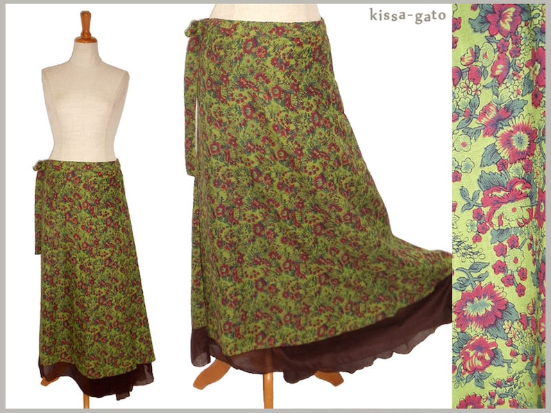 Wrap skirt plate skirt long green olive brown kissagato floor-length wide image 1