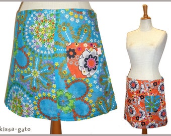 Reversible skirt LISI 37 cm wrap skirt Velcro kissagato skirt turquoise orange flowers S M L