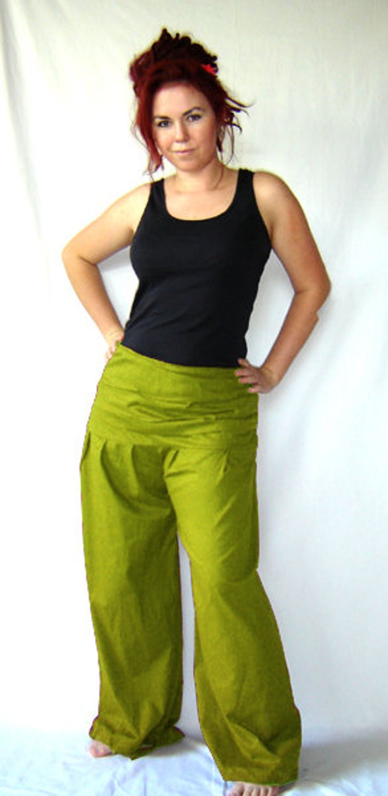 Pleated pants EXTRA LONG wide waistband olive green kissagato pants pump pants S M L XL image 2