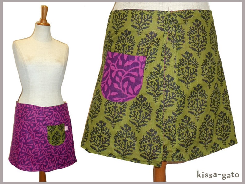 Reversible skirt LISI 37 cm wrap skirt Velcro kissagato skirt purple green S M L image 2